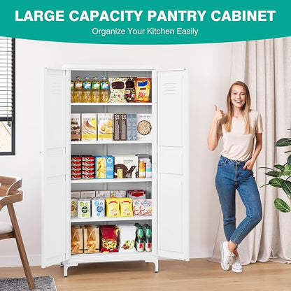 SISESOL Metal Storage Cabinet with Doors and Shelves,White Storage Cabinet with Leg & Vent Hole,Food Pantry Cabinets,5 Tier Metal Pantry,Tall Large Cupboard for Home,Kitchen,Dining/Living/Laundry Room