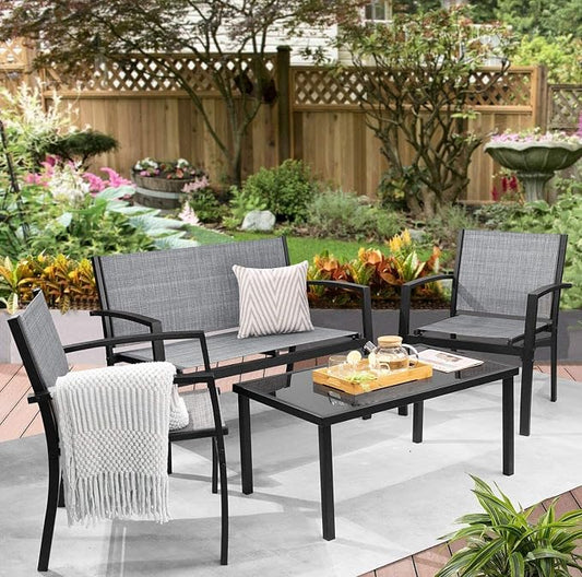 Greesum 4 Pieces Patio Furniture Set, Outdoor Conversation Sets for Patio, Lawn, Garden, Poolside with A Glass Coffee Table, Gray