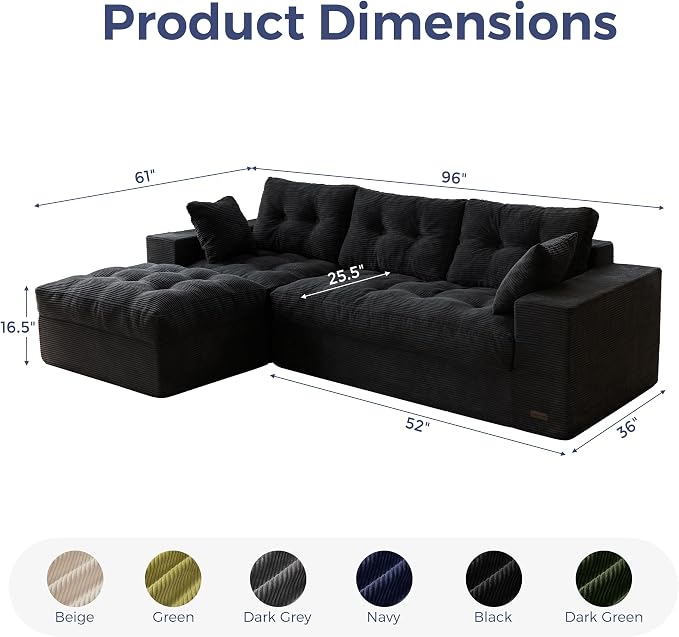 MAXYOYO 96" L Shaped Modular Sectional Sofa with Ottoman, Cloud Boneless Couch with Layered Cushion, Upholstered Sofa in a Box, Flexible Module Combination for Living Room, No Assembly, Black