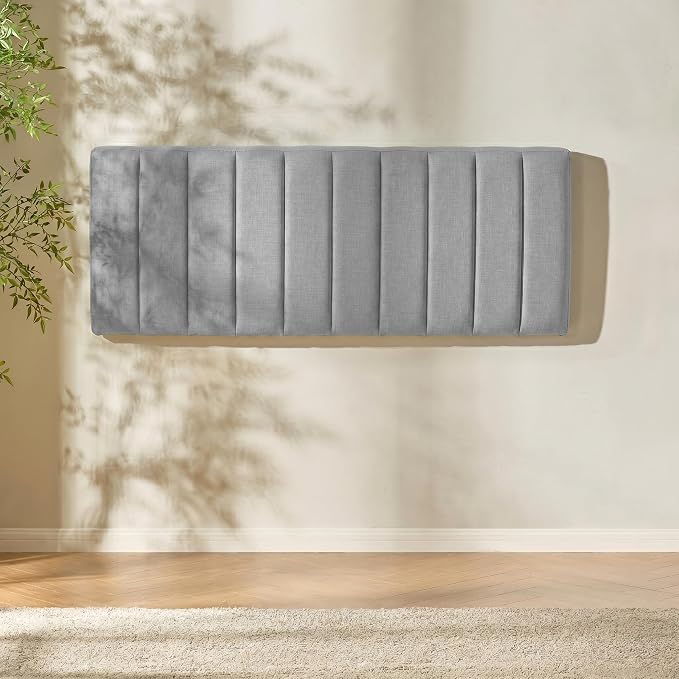 Hearth & Harbor Wall Mounted Queen Headboard Only, Bed Headboard Queen Size | Easy Assemble, Floating Peel and Stick, Upholstered, Channel Stitched, 3D Wall Panels, 5 Strips of 3M Tape Included, Silver