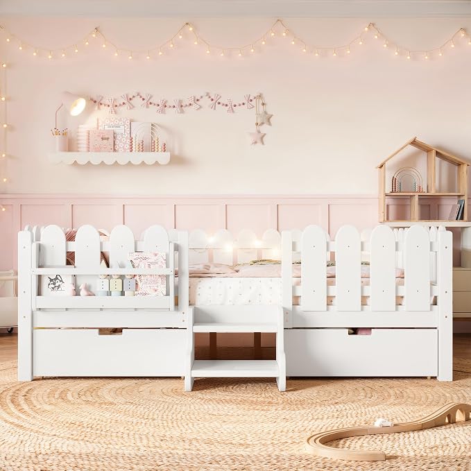 Bellemave Queen Kids Montessori Bed with Stairs, Bookshelf and LED Lights, Solid Wood Kids Bed Frame with Storage Drawers for Boys Girls, Low Profile,White