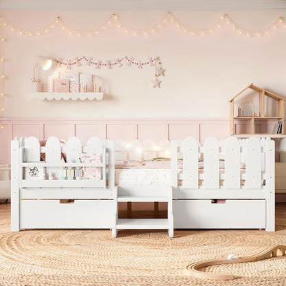 Bellemave Queen Kids Montessori Bed with Stairs, Bookshelf and LED Lights, Solid Wood Kids Bed Frame with Storage Drawers for Boys Girls, Low Profile,White