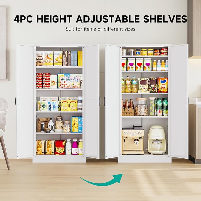 SISESOL 61" Tall Pantry Cabinet,Farmhouse Kitchen Pantry Storage Cabinets with 2 Doors and 5 Shelves,White Metal Storage Cabinet,Large Cupboard for Home,Kitchen,Dining/Living Room
