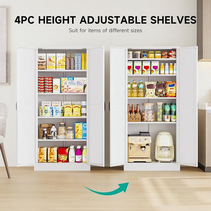 SISESOL 61" Tall Pantry Cabinet,Farmhouse Kitchen Pantry Storage Cabinets with 2 Doors and 5 Shelves,White Metal Storage Cabinet,Large Cupboard for Home,Kitchen,Dining/Living Room