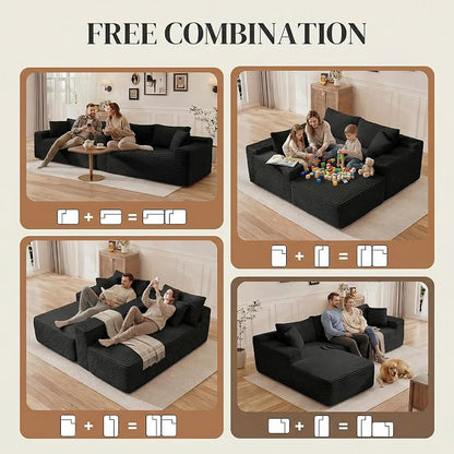 96" L Shaped Cloud Boneless Sectional Couches for Living Room, Modern Comfy Modular Deep Seat Memory Foam Compressed Corduroy Sofa Oversized Left Facing Chaise, No Assembly Required, Balck