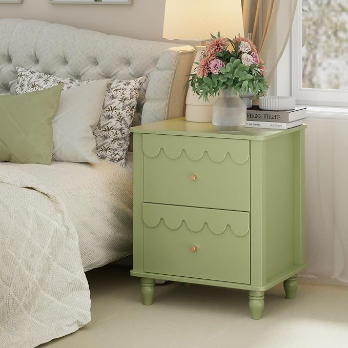 Anbuy Green Nightstand Set of 2 with Petal Pattern, Modern Night Stand Set 2 with 2 Drawers for Bedroom, Side End Table Scalloped Bedside Night Tables with Solid Wood Legs