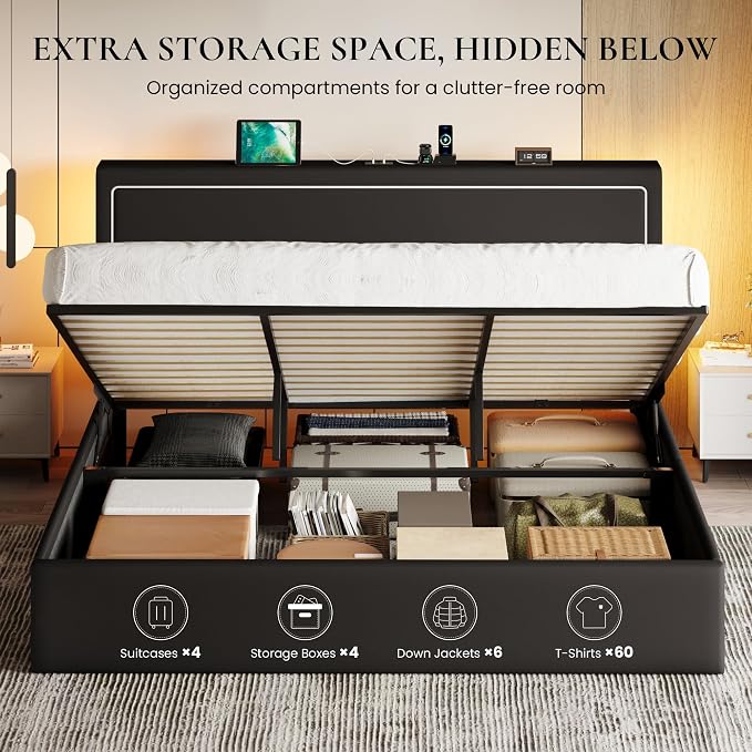 SHA CERLIN King Size Hydraulic Lift-Up Storage Platform Bed Frame with Charging Station, RGB LED Lights, Adjustable Velvet Headboard, USB-A and USB-C Ports, No Box Spring Needed, Black