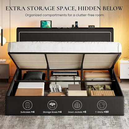 SHA CERLIN King Size Hydraulic Lift-Up Storage Platform Bed Frame with Charging Station, RGB LED Lights, Adjustable Velvet Headboard, USB-A and USB-C Ports, No Box Spring Needed, Black