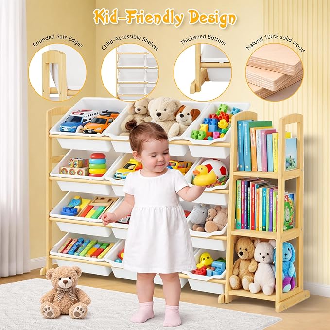 Kids Toy Storage Organizer with Bookshelf – Wooden Shelf with 16 Bins & 3 Shelves, Quick Assembly Storage Rack for Playroom, Bedroom, Nursery - White