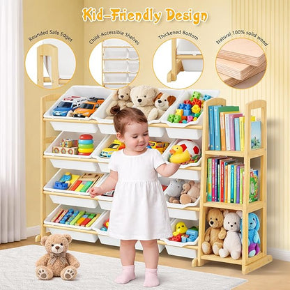 Kids Toy Storage Organizer with Bookshelf – Wooden Shelf with 16 Bins & 3 Shelves, Quick Assembly Storage Rack for Playroom, Bedroom, Nursery - White