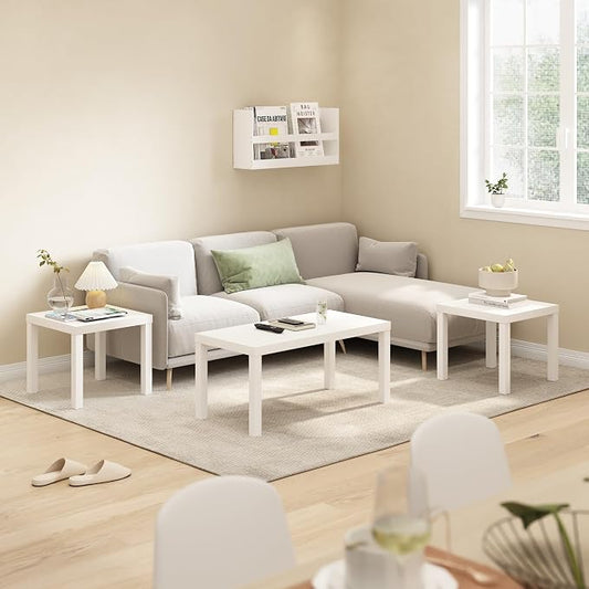 Furinno Classic Living Room Table Set of 3, Modern Rectangle Coffee Table with 2 Square Side Tables, End Tables, 1.8 Inch Thick Tabletop for Living Room, Home Office, White
