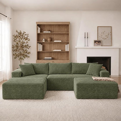 Claiks 104" Boneless Couch, Cloud Couch Sectional, U-Shape Corduroy Modular Sectional Sofa Deep Seat, Upholstered Couches for Living Room, No Assembly Required, Green
