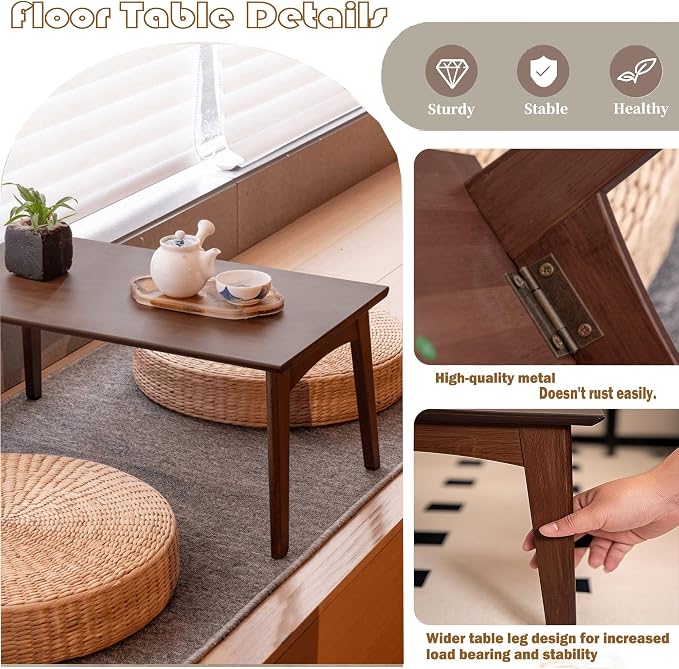Bamboo Folding Coffee Table, Japanese Low Desk, No Assembly Portable Furniture, for Dining Working Studying Relaxing, Chestnut, 26 x 15.8 x 11.8 Inches