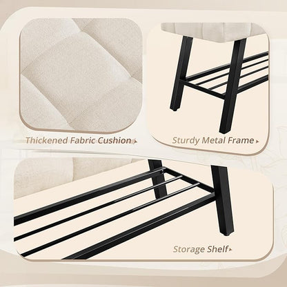 LUE BONA 45" Entryway Bench with Storage Shelf, End of Bed Bench with Tufted Linen Fabric Seat, Bedroom Bench with Metal Frame, 330 LBS Capacity for Entryway, Living Room, Hallway, Linen Color