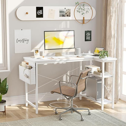 TIQLAB L Shaped Computer Desk with Power Outlets, 47 Inch Small Corner Desk with Reversible Shelves, Gaming Desk Computer Table Study Writing Desk for Home Office Small Space, White