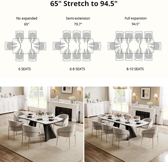Honyee Extendable Dining Table with Leaf, 65 to 95 Inch Rectangular Sintered Stone, Modern Large Dining Room Table Seats 6 8 10 12, Metal Base, Marble Look for Family Gatherings
