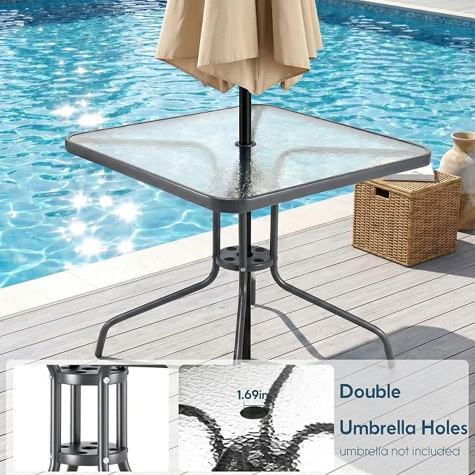 Arlopu 5 Piece Outdoor Patio Dining Set (Umbrella not Included), Porch Furniture with 4 Textline Chairs, 1 Square Glass Table for Garden, Backyard and Poolside, Lawn (Navy Blue)