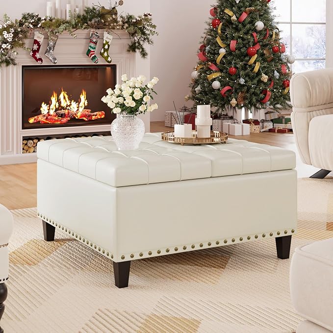 FiveWillowise Square Leather Ottoman with Storage, Faux Leather Coffee Table with Lift Top,Large Upholstered Footrest Stool Toy Box Storage Bench for Bedroom Living Room, Ivory White