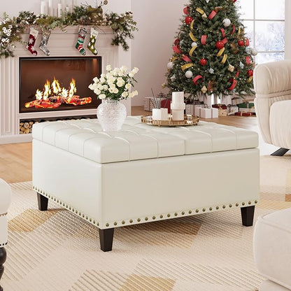 FiveWillowise Square Leather Ottoman with Storage, Faux Leather Coffee Table with Lift Top,Large Upholstered Footrest Stool Toy Box Storage Bench for Bedroom Living Room, Ivory White