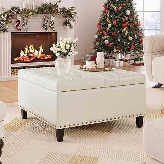 FiveWillowise Square Leather Ottoman with Storage, Faux Leather Coffee Table with Lift Top,Large Upholstered Footrest Stool Toy Box Storage Bench for Bedroom Living Room, Ivory White