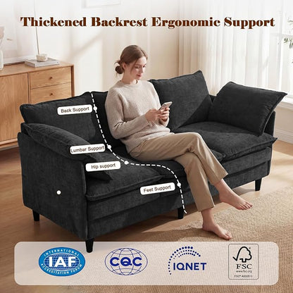 3 Seater Couch Sofa, 69" Small Couch Modern Cozy Comfy Cloud Chenille Sofa 23" Deep 1 Box & 2 Pillows & Washable Cover Couches for Living Room Bedroom Apartment Office 69-Black-1