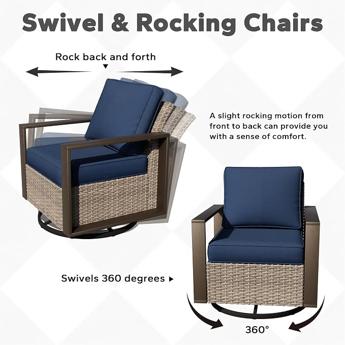 Outdoor Patio Swivel Rocker Chairs, 8 Pieces Wicker Furniture Set, 4 Swivel Rocking Chairs, 1 Sofa, 2 Ottoman and 1 Table, Wide Armrest, Thick Cushions and Deep Seating for Garden, Backyard, Porch