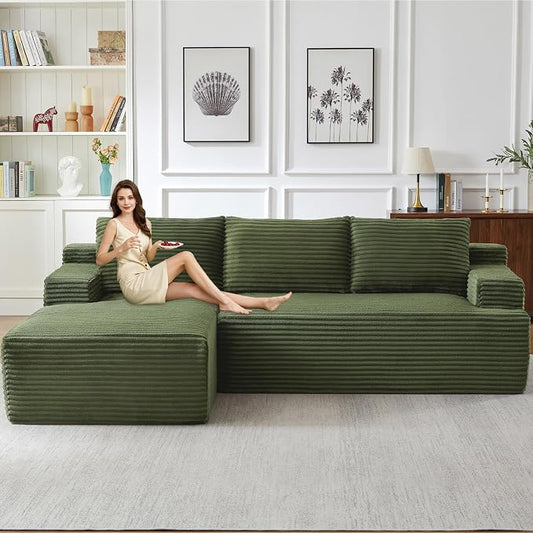 96.1" Modular Sectional Sofa Couches L-Shape Couch 3 Seat Modular Sofa Corduroy Memory Foam Sectional Boneless Couches for Living Room, Cloud Couch with Oversized Chaise(Green, Left Facing)