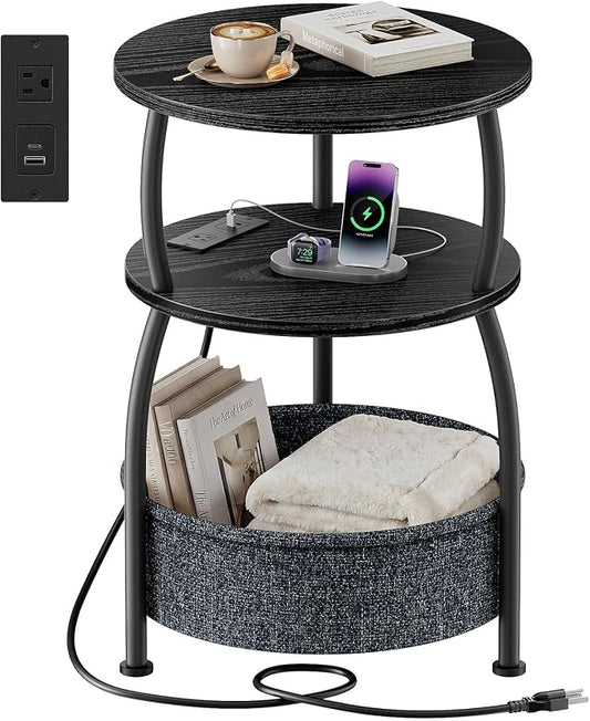 Round Side Table with Charging Station, USB Type C Port, Black | Round End Table with Basket for Living Room, Space Saving, Tall Night Stand for Bedroom Dorm,15.75in Metal and Wood, Rustic