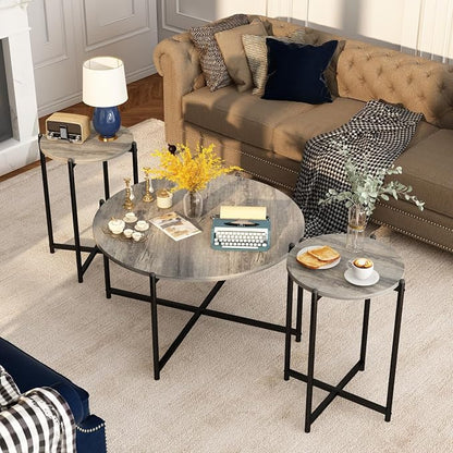 AWQM Faux Marble Coffee Table Set of 3, 1 Coffee Table & 2 Sofa Table, Round Tabletop and Metal Cross Base Frame,Perfect for Living Room Apartment, Grey