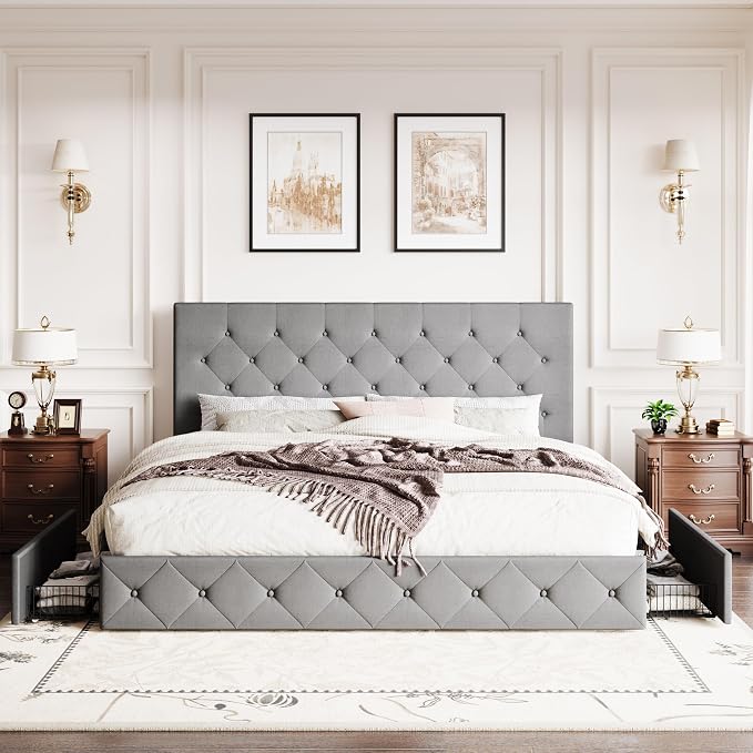 SHA CERLIN Upholstered King Size Platform Bed Frame with 4 Storage Drawers, Adjustable Headboard with Diamond Stitched Button Tufted Design, Wooden Slat Support, No Box Spring Needed, Light Grey