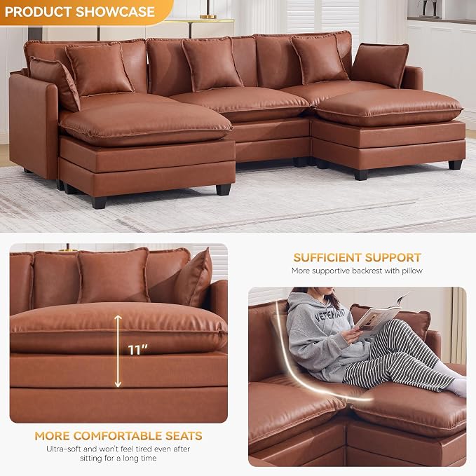 111'' Sectional Cloud Deep Seat Couch, Oversized Leather U Shaped Sectional Sofa for Living Room Set, Comfy Upholstered Modular 5-Seats Sectional Sofa Couch with 2 Movable Ottoman, Leather Brown
