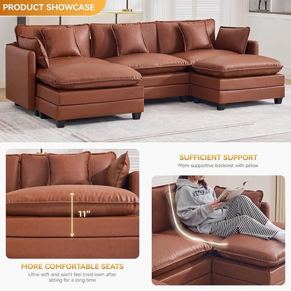 111'' Sectional Cloud Deep Seat Couch, Oversized Leather U Shaped Sectional Sofa for Living Room Set, Comfy Upholstered Modular 5-Seats Sectional Sofa Couch with 2 Movable Ottoman, Leather Brown