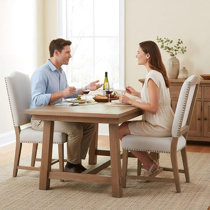 ROCITY Linen Dining Chairs Set of 2 Beige Upholstered Dining Room Chairs Farmhouse Kitchen Side Chairs with Wooden Legs&Nailhead Trim
