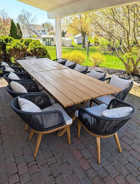 PURPLE LEAF 14 Pieces Patio Dining Set Wicker Outdoor Furniture Rectangular Table and Chairs Set for Garden Deck Teak-Finish & Grey Aluminum Frame Backyard Kitchen Set, Cushions and Pillows Included