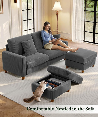 Welzona 70.2" Couches for Living Room, Comfy U Shaped Couch Grey 7.1" Thicker Cushion, Sofas for Living Room Tool-Free Setup, Loveseat with Ottoman 7058lbs Support, Corduroy Couch for Bedroom, Office