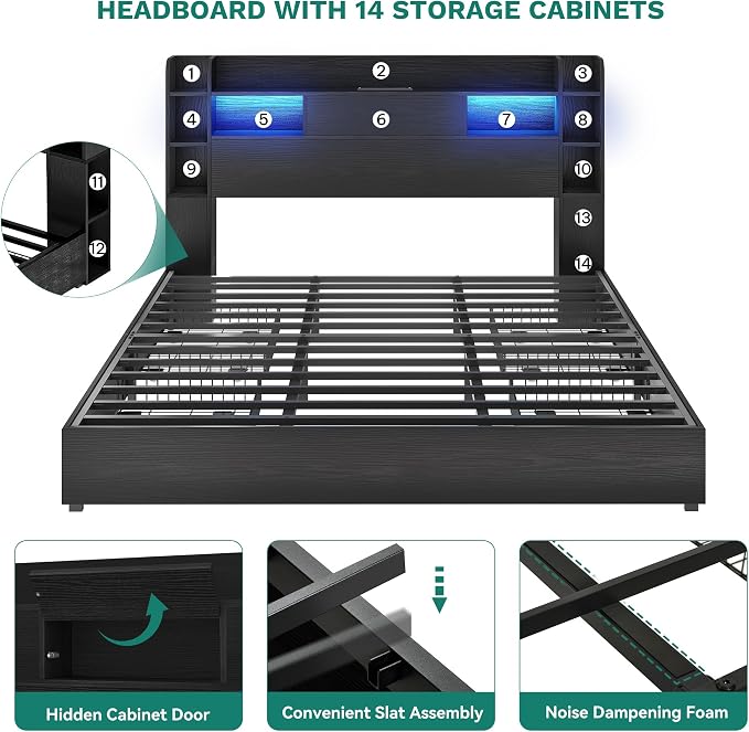 DWVO King Size Bed Frame with Bookcase Headboard and 4 Storage Drawers, RGB LED Bed Frame with Type-C & USB Charging Station Storage Headboard Beds, No Box Spring Needed, Noise Free, Black