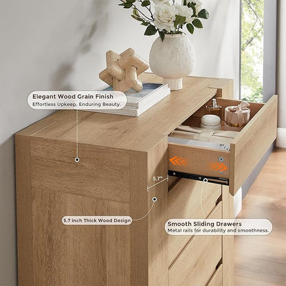 OKD 5 Drawer Dresser for Bedroom, 48" Tall Dresser Chest of Drawers with Thick Wood Design, Handleless, Modern Bedroom Dresser, Storage Organizer for Living Room/Entryway, Natural Oak