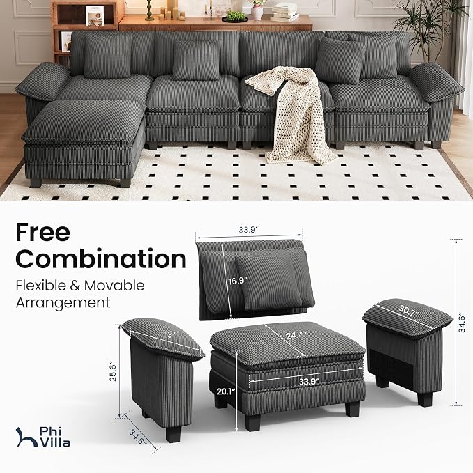 PHI VILLA Cloud Modular Couch Sets, 157.5" Oversized Sectional Sofa with L-Shaped Chaise, 5-Seater Upholstered Couches with Movable Ottoman for Living Room, Corduroy Grey