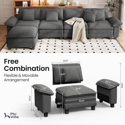 PHI VILLA Cloud Modular Couch Sets, 157.5" Oversized Sectional Sofa with L-Shaped Chaise, 5-Seater Upholstered Couches with Movable Ottoman for Living Room, Corduroy Grey