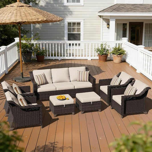 7 Pieces Patio Conversation Furniture Set - 1 Sofa, 2 Ottomans, 4 Armchairs, Outdoor Wicker Furniture with Removable Cushions for Porch, Balcony, Sunroom (Beige)