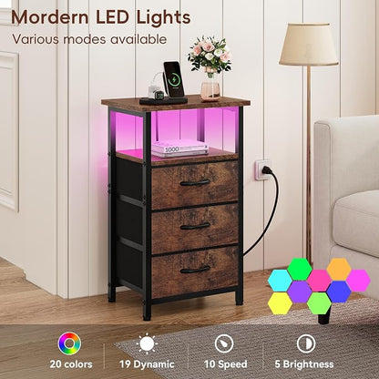 Vagusicc Night stand Set 2 with Charging Station, LED Nightstand for Bedroom, Bedside Table with 3 Fabric Drawer, End Table Side Table with USB Port & Outlets, Bed Side Table for Bedroom, Rustic Brown