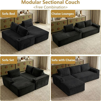 104" Cloud Sectional Couch L-Shaped with Side Pockets Cup Holders, Corduroy Boneless Couch for Living Room,Upholstered Deep-Seat Modular Sectional Sofa, No Assembly Required (Black,Left Facing Chaise)