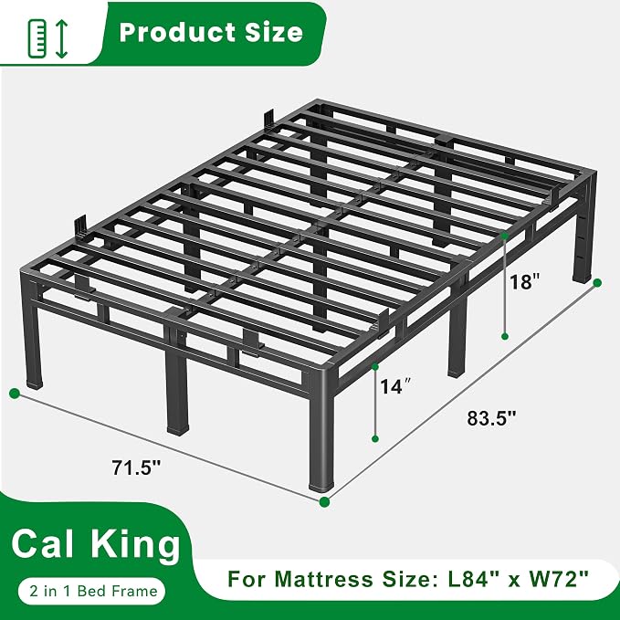 ROIL 18 Inch Cal King Bed Frame, Double Layer Metal Bed Frame with Round Corner Legs, 4000LBS Bed Frame & Box Spring 2 in 1 Platform with Headboard Holes Mattress Baffles, Noise-Free Easy Assembly