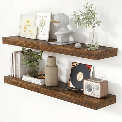 Heimlove 40 Inch Floating Shelves for Wall 8 Inch Deep Rustic Brown Shelves Set of 2,Wall Mounted Rustic Wood Long Floating Shelf with Invisible Brackets for Bedroom Kitchen Living Room