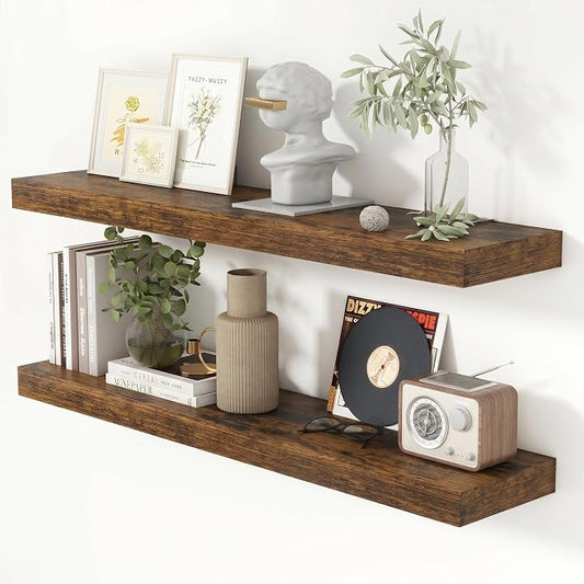 Heimlove 40 Inch Floating Shelves for Wall 8 Inch Deep Rustic Brown Shelves Set of 2,Wall Mounted Rustic Wood Long Floating Shelf with Invisible Brackets for Bedroom Kitchen Living Room