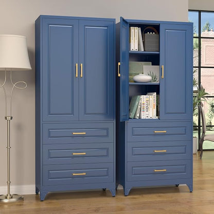 SteeLoong 75" Kitchen Pantry Cabinet with 3 Drawer,Metal Storage Cabinets with Doors and 2 Adjustable Shelves,Blue Kitchen Cabinet with 2 Gold Handles,Food Cupboard for Livingroom,Pantry, Bathroom