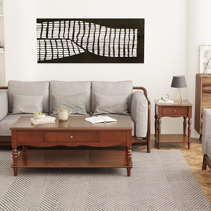 Rectangle Coffee Table with Drawers for Living Room, Solid Wood Coffee Table with Storage Shelf, Mid Century Modern Cherry Wood Coffee Tables, Large Countertop Center Table, Cherry Walnut KFZ-C008-DR