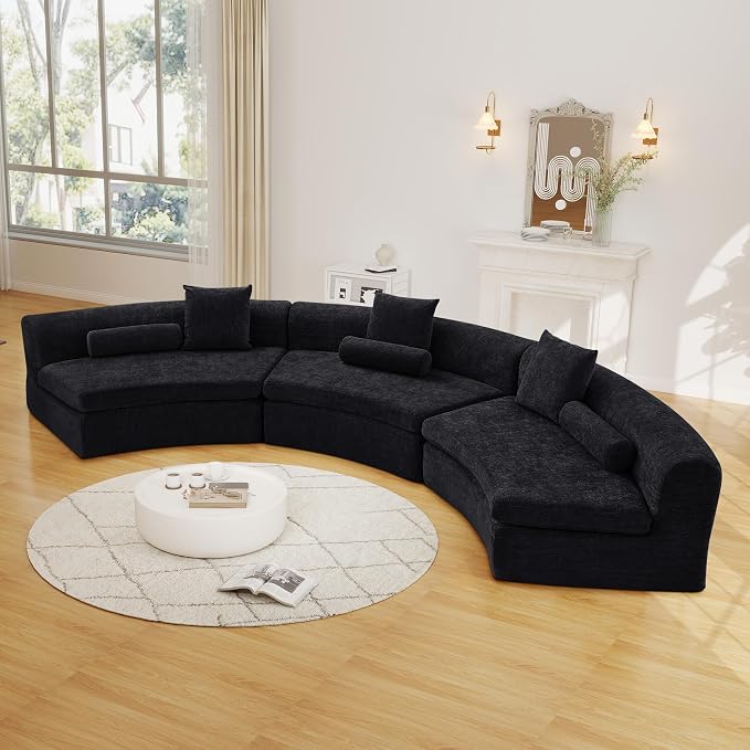 AVZEAR Curved Modular Sectional Sofa, Chenille Upholstered Cloud 3 Seater Couch for Living Room, No Assembly Modern Love Seat Sofa with 3 Bolster Pillows & 3 Square Pillows, High-Density Foam, Black