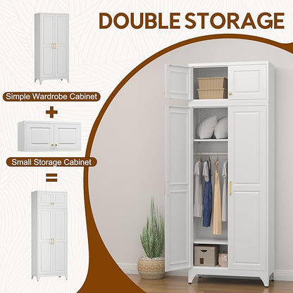 UNICOLY 86.6" Amoire Wardrobe Closet, 71" Wardrobe Cabinet with 15.74" Cabinet, Metal Closets with Hanging Rod for Bedroom School, Employee, Gym, Armarios De Ropa para Domitorio, White