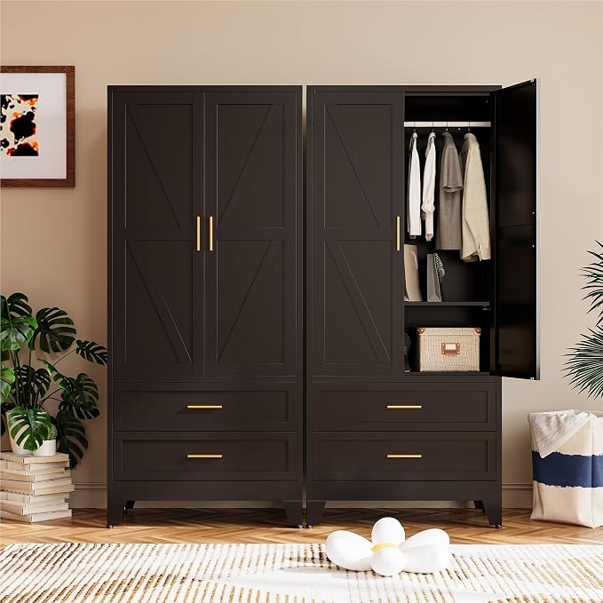 COFaR Black Metal Wardrobe Closet with 2 Drawers, 71" Steel Armoire Cabinet with Hanging Rod & Adjustable Shelf, Modern Freestanding Closet Organizer with Doors
